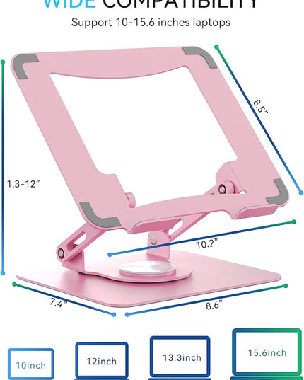 SOUNDANCE Laptop Stand with 360° Rotating Base, Ergonomic Computer Riser for Desk, Adjutable Height Muti-Angle, Foldable Laptop Mount, Stable Metal Holder Support 10-15.6" Notebook PC, Pink