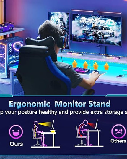 AODK 52 Inch Gaming Desk with USB Charging Ports & LED Light- Reversible Computer Desk with Storage Shelves & Monitor Stand, Modern Gamer Desk Table with Fabric Drawers & Side Hook, Carbon Fiber White
