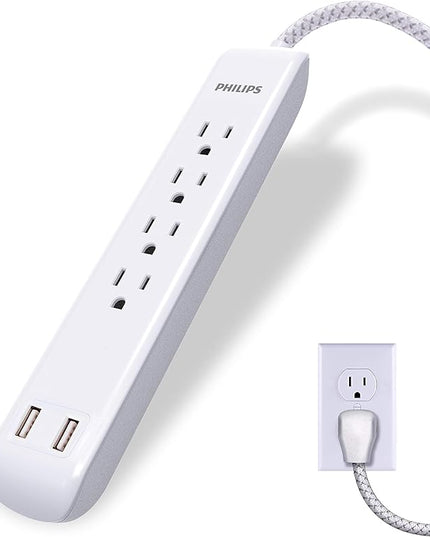Philips 4 Outlet Power Strip Surge Protector with 2 USB Ports, 4 Ft Power Cord, Designer Braided Extension Cord, Flat Plug Extension Cord, 720 Joules, White, SPC6244WC/37