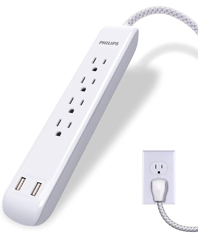 Philips 4 Outlet Power Strip Surge Protector with 2 USB Ports, 4 Ft Power Cord, Designer Braided Extension Cord, Flat Plug Extension Cord, 720 Joules, White, SPC6244WC/37