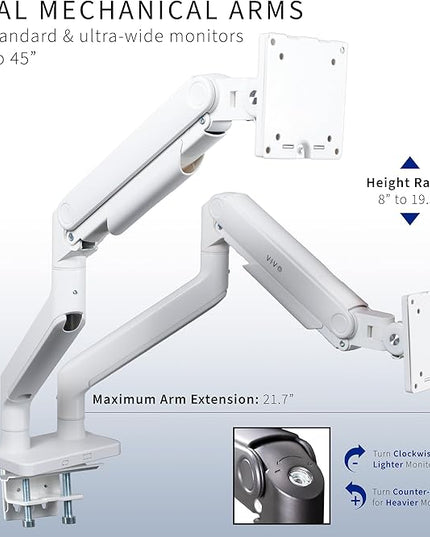 VIVO Heavy Duty Dual Ultra-Wide Monitor Tension Arm for up to 45 inch Screens, Holds 44 lbs per Arm, Premium Desk Mount Monitor Stand for 2 Ultrawides, White, STAND-V200DW