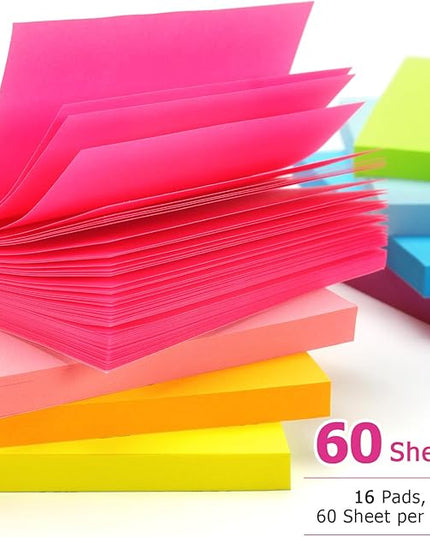 Early Buy Sticky Notes 3x3 Inch 16 Pads, Repositionable Self-Stick Memo Pads, 8 Bright Colors, 60 Sheets/Pad (960 Total) for Office, School, Home, Notebooks