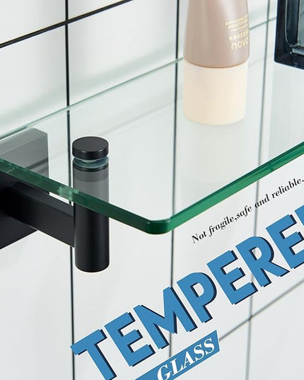KOKOSIRI Bathroom Shelves Glass Floating Shelf 12-Inch for Bedroom Living Room Kitchen Hanging Rack Rustproof Wall Mounted Black 2 Pack B1105BK-L12-P2