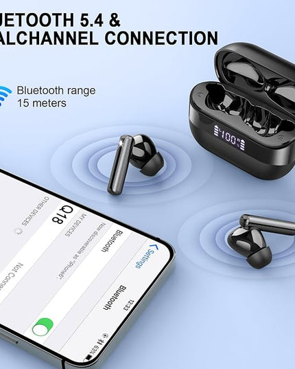 Wireless Earbuds, 2025 Bluetooth 5.4 Headphones Bass Stereo, Ear Buds with 4 Mics ENC Noise Cancelling, Bluetooth Earbuds 48H Playtime LED Display Charging Case, IP7 Waterproof in Ear Earphones, Black