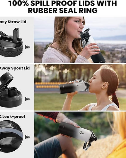 Insulated Water Bottle 40 oz, Triple Wall Vacuum Stainless Steel (Cold for 48 Hrs), Leak Proof & Non-BPA, Modern Water Flask Jug with Paracord Handle & Straw Spout Lids, Ombre: White/Black
