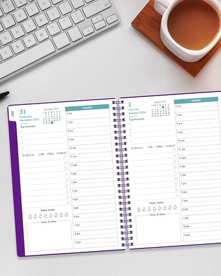 Daily Planner 2026 Full Page Per Day- 2026 Daily & Monthly Planner from January 2026 to December 2026, Day Planner 2026 with 12 Months Tabs, 6.4" x 8,5", Purple