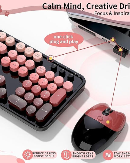 Wireless Keyboard and Mouse, 104 Round Keycaps Retro Typewriter with OTG & Brush, Full-Size Ergonomic, Ideal for Windows PC, Home, Office and College Black Pink