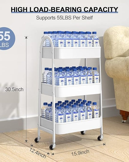EAGMAK 3 Tier Utility Rolling Cart, Metal Storage Cart with Handle and Lockable Wheels, Multifunctional Storage Organizer Trolley with Mesh Baskets for Kitchen, Living Room, Office, Garage (White)