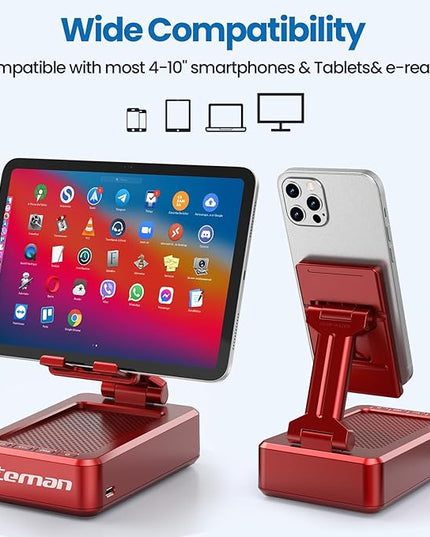JTEMAN Portable Phone Stand with Speaker Bluetooth Wireless,Gifts for Men Women,Birthday for Women,Kitchen Gadgets for Men,Phone Holder for Desk - Red