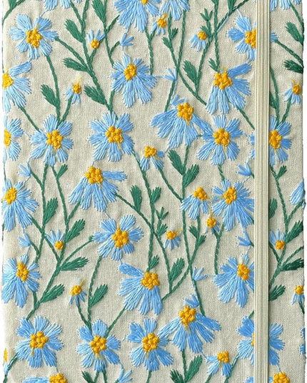 A5 Notebook, Flower Journal, Embroidered Notebook, 8"x6", Hardcover, Lay Flat, Lined, Wide Ruled Paper, Personalized Notebook, Pretty Journal, Daisy Gifts for Women, Blue, with Elastic Band