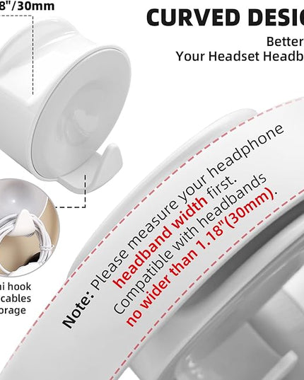 Aenfaiy Headphone Holder Wall Mounted, Under Desk Adhesive Headphone Hook, White Gaming Headset Stand Hanger for Desk with Cable Hook, Fits Slim On-Ear & Over-Ear Headphones| Headband Width Up to 30mm