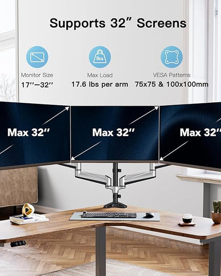 HUANUO Gaming Triple Monitor Stand, Full Motion Articulating Triple Monitor Mount Fit 17 to 32 inch Flat/Curved LCD Computer Screens with Clamp, Grommet Kit, Silver