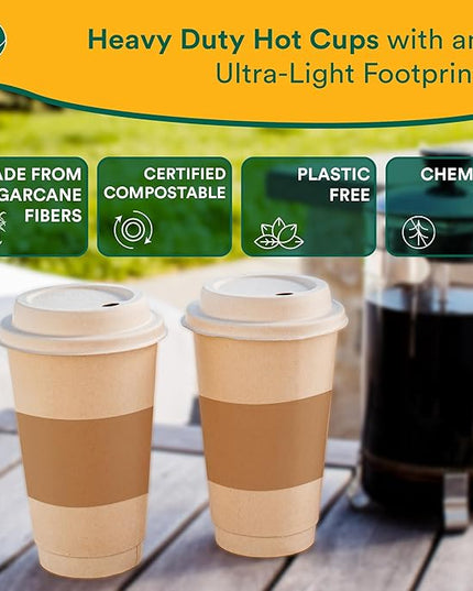 ECO SOUL 100 Pack 16 oz Disposable Coffee Cups with Lids & Sleeves Eco-Friendly, Biodegradable, Compostable, Leak-free & Sturdy To Go Hot Drink Cup for Tea, Chocolate Party Travel Cafe Office & Home
