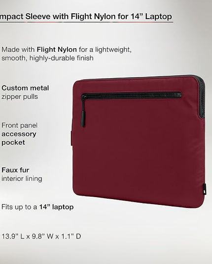 Incase Compact Laptop Sleeve with Flight Nylon - 14-inch MacBook/Laptop & iPad/Tablet Sleeve - Faux Fur Lining, Lightweight, Durable, Weather Resistant, Slip Pocket for Accessories - Cosmic Red