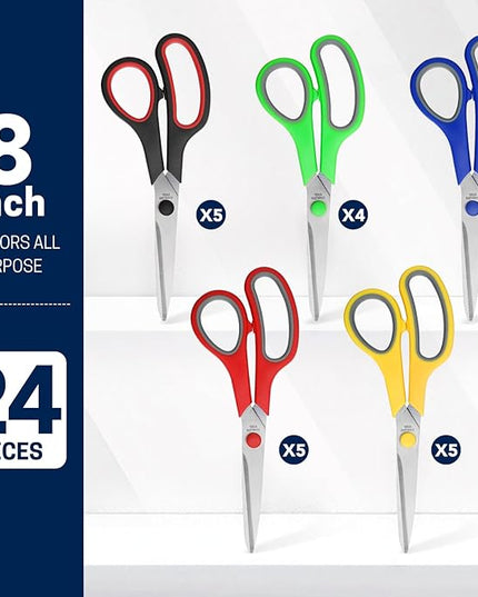 BURVAGY 24-Pack 8" All Purpose Heavy Duty Sharp Scissors Bulk for Office School Home Stainless Steel Blades Safety Soft Grip Handles,Right/Left Handed Scissors