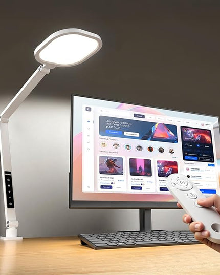 Led Desk Lamp with Clamp, 1200LM Dimmable Home Office Desktop Light, 3000k-6500k Adjustable Swing Arm Ring Light for Video Conference, Study, Reading, Zoom Calls, Streaming (White)