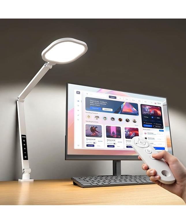 Led Desk Lamp with Clamp, 1200LM Dimmable Home Office Desktop Light, 3000k-6500k Adjustable Swing Arm Ring Light for Video Conference, Study, Reading, Zoom Calls, Streaming (White)
