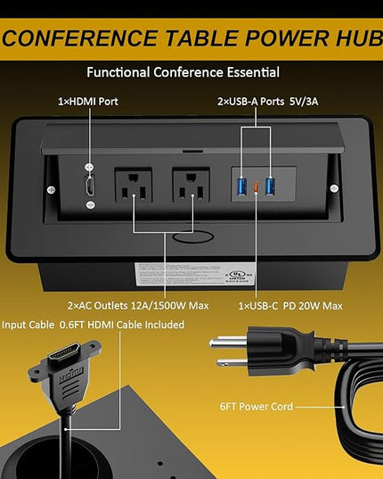 Recessed Power Strip, HDMI Pop Up Power Cover Box Desktop Socket with PD 20W USB C Charging Ports, Stainless Steel Receptacle Outlet for Conference Room Countertop (Black)