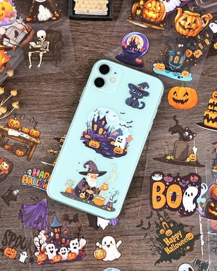 Dwpetzo Transparent Halloween Scrapbook Stickers Book, 20 Sheets Diecut PET Stickers for Journaling, Purple Vintage Spooky Theme for Scrapbooking, Junk Journal Supplies, Planner, Bujo, Crafts Arts
