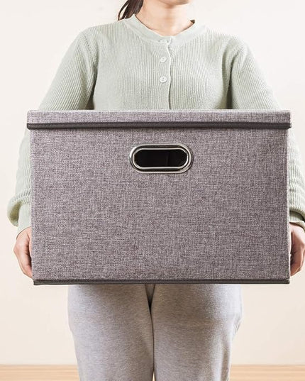 PRANDOM Large Foldable Storage Bin with Lid [1-Pack] Linen Fabric Decorative Storage Box Organizer Containers Basket Cube with Handles Divider for Bedroom Closet Office Living Room (17.7x11.8x11.8)