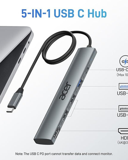 Acer USB C Hub 5 in 1 with 4K HDMI, 100W Power Delivery, 3 USB A Data Ports, USB C to HDMI Multiport Adapter for Laptop, PC, Tablet, MacBook Pro/Air, iPad Air/Pro, iMac, iPhone 15/16 Pro/Pro Max (2ft)