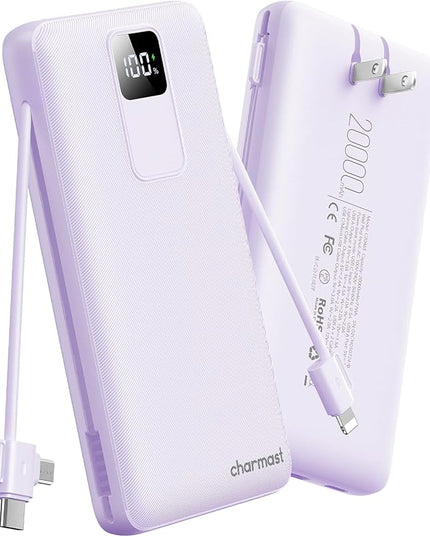 charmast 20000mAh Portable Charger with Built-in Cables & Wall Plug, 20W USB C Power Bank, Fast Charging Battery Pack Travel Essentials Compatible with iPhone 16/15/14 Series, Samsung, Google, iPad