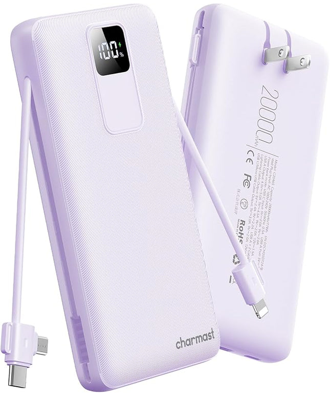 charmast 20000mAh Portable Charger with Built-in Cables & Wall Plug, 20W USB C Power Bank, Fast Charging Battery Pack Travel Essentials Compatible with iPhone 16/15/14 Series, Samsung, Google, iPad