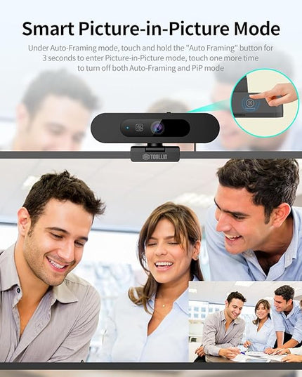 TOALLIN 4K Webcam with WDR, AI Framing & Tracking, Picture-in-Picture, Built-in Dual Mics, 5X Adjustable Digital Zoom, Image Mirroring, 92° FOV Webcam for Conferencing, Streaming, Video Calls
