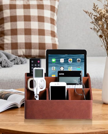 Cretkhp Remote Control Holder with 5 Compartments for Office Art Supplies, PU Leather Nightstand Organizer Pencil Pen Desk Caddy for Home, Desktop TV Remote Control Organizer Storage (Brown)