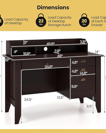 Tangkula Computer Desk with 4 Storage Drawers & Hutch, Home Office Desk Vintage Desk with Storage Shelves, Wooden Executive Desk Writing Study Desk (Brown)
