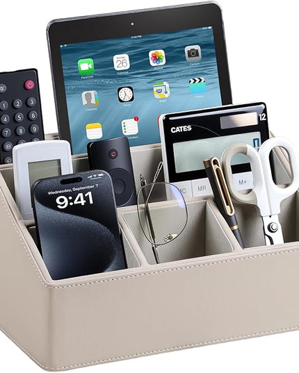 MEIBOOCH PU Leather Desk Organizer, Luxury Remote Control Holder for Home, Office Desk Accessories Table Caddy Bedside Nightstand Organizer (Dark Beige)