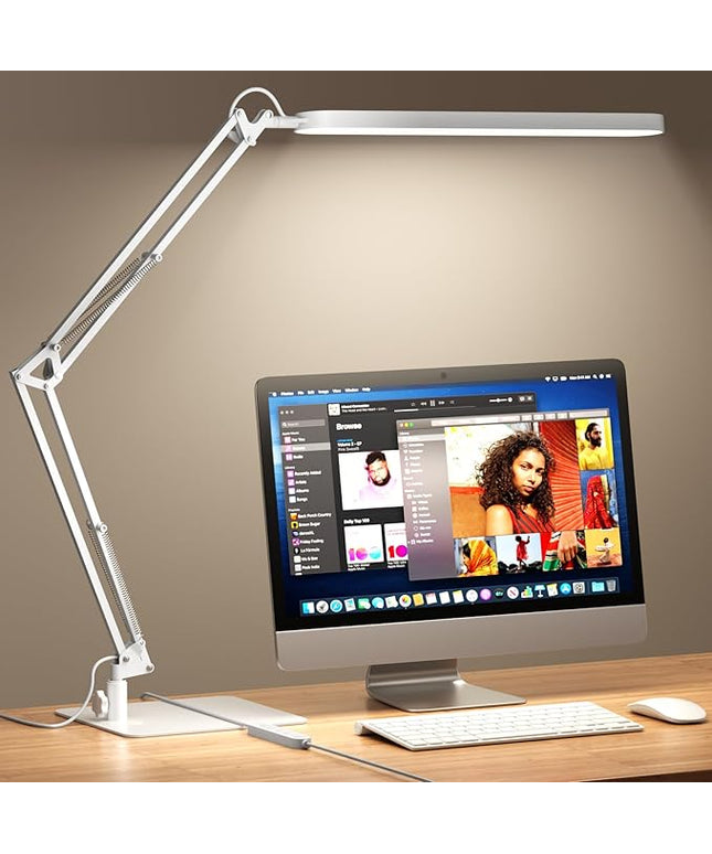SKYLEO LED Desk Lamp with Slim Base - Adjustable Swing Arm Desk Light, Dimmable, Timer, Eye Protection, Memory Function, 1300LM, 12W, White