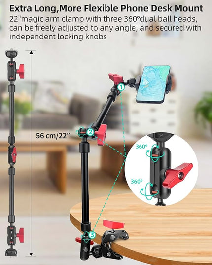 22" Magic Arm w Clamp Mount, Overhead Desk Phone Mount Stand, Adjustable Articulating Friction Camera Boom Arm w 1/4" Thread for Phone Video Light Webcam Action Camera Tripod Mic