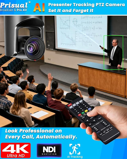 Prisual 4K NDI PTZ Camera, Advanced PTZ Auto Tracking 20X HDMI/USB3.0 PTZ Camera, 1/1.8”4K UHD 30P with Built-in Tally Light for Church Conference Events, PoE, PT20X-4K-N