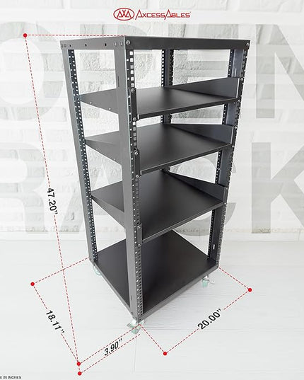 AxcessAbles 22U Open Frame Network & AV Rack with Caster Wheels, Three 2U Shelves, 10-32 & Cage Nut Compatible Rails, Cage Nuts, Screws, Cage Nut Tool & Wall Mount Kit | 19-Inch Equipment Rack