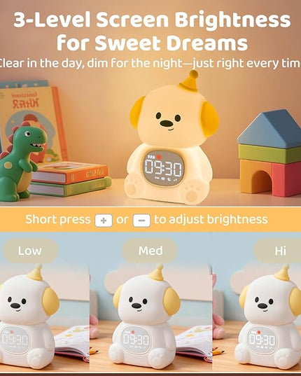 Dog Alarm Clock with Night Light for Kids with Sleep Training and Sound Machine, Rechargeable Silicone Lamp OK to Wake Clock，Cute Animal Tabletop Lamp, Perfect Sleep Companion for Boys Girls