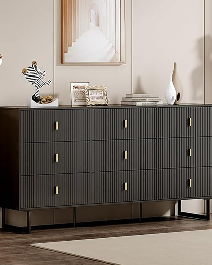 Chrangmay Modern Chest of Drawers with 9 Drawers,Deep Drawers,Clothes Organizer,Large Storage Cabinet for Living Room, Bedroom,Hallway,with Anti-Tipping Device,Dark