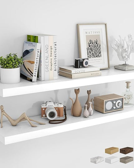 RICHFOCUS 48Inch Floating Shelves for Wall 2 Pack Shelves for Bedroom|Kitchen|Bathroom Wall Mounted Rustic Wood Floating Shelf with Invisible Brackets for Books|Storage|Decor, White