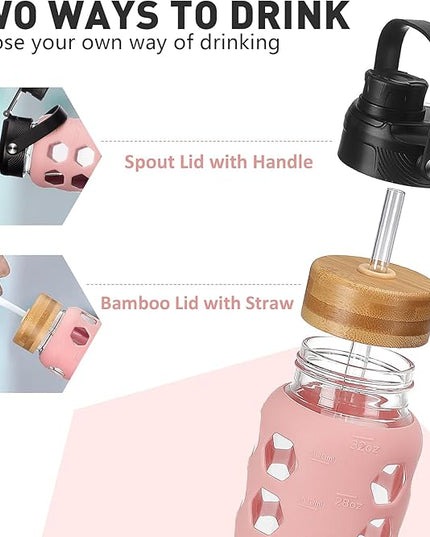 MUKOKO Glass Water Bottles, 24oz Glass Tumbler with Straw, Drinking Bottles with 2 Lids-Handle Spout Lid&Bamboo Straw Lid, Motivational Water Bottle with Time Marker and Silicone Sleeve, 1 Pack-Pink