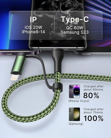 XUDUO Lightning Cable 4 in 1 Charging Cable iPhone Charger, USB C Charger USB A/C to C/L Fast Multi Charging Cord for iPhone 16 15 14 Pro Max/MacBook/iPad Pro/SamSungS24 for Multiple Devices