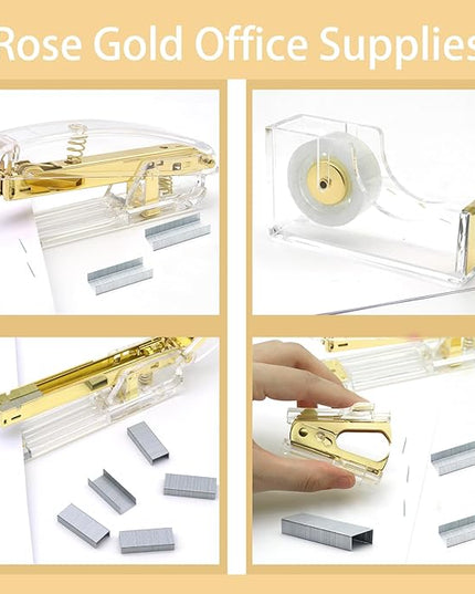 Gold Office Supplies,UPIHO Gold Desk Accessories,Stapler and Tape Dispenser Set with Large Stapler,Tape Dispenser, Staple Remover, Staples, Clips,Scissor,Pen and Sticky Notes,Gifts for Office Clerks