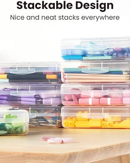 Sooez Plastic Pencil Case Box 6 Pack, Large Crayon Maker Pen Organizer, Plastic Containers with Snap Lids, Stackable Craft Storage Boxes Bulk, School Supplies Art Box for Bead, Clear