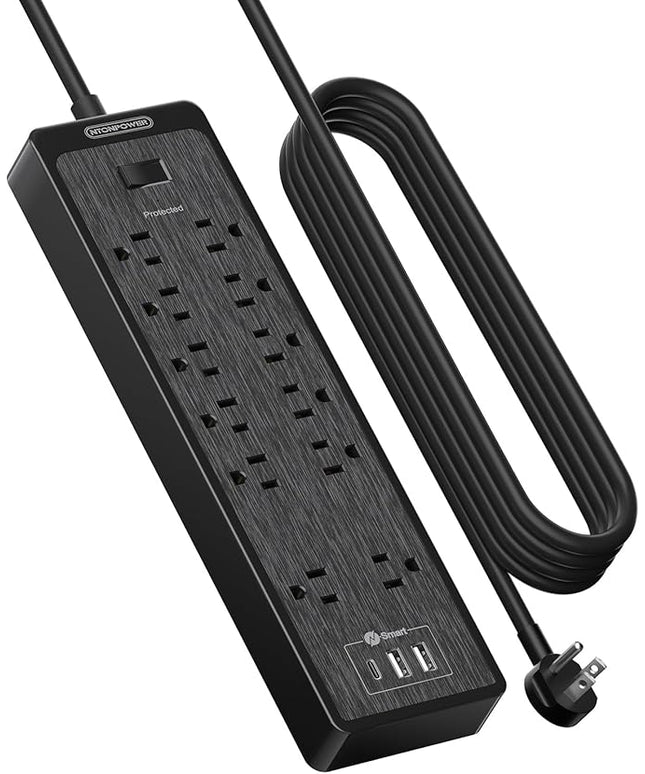 NTONPOWER 15 ft Extension Cord, Flat Plug Surge Protector Power Strip with USB, 12 Outlets Surge Protector Wall Mount, 2100 Joules, 1875W, 15A Circuit Breaker for Home Office Dorm Essentials, Black