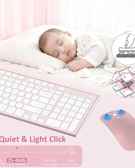 Wireless Keyboard and Mouse, GALENMORO Silent Quiet Combo Low Profile USB C Full Size Compact with Number Pad Flat Soft Touch Cordless for Mac Computer PC Laptop MacBook iMac Office - Pink Rose Gold