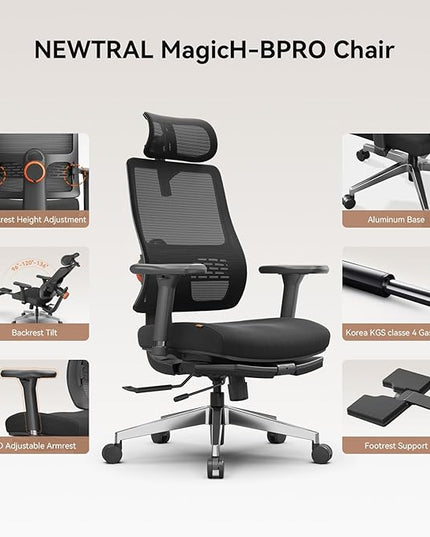 Newtral Office Chair Ergonomic with Footrest, Auto-Following Lumbar Support, High Back Desk Chair with 4D Armrest,136° Tilt Lock, Adjustable Seat Depth & Height (5D Headrest+Aluminum Base, Black)