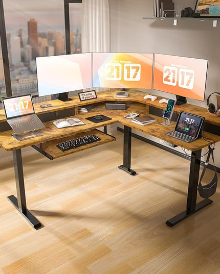 63 x 55 inch L Shaped Standing Desk with 4 Drawers & USB Charging Port, Electric Adjustable Height Corner Stand Up Desk with Keyboard Tray, Rustic Brown
