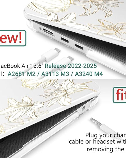 DONGKE for M4 MacBook Air 13.6 Inch Case 2025 2024 2023 2022 Model A3240 A3113 A2681 M3 M2 Chip, Plastic Hard Shell Case Cover with Touch ID for MacBook Air 13 Inch M4 - Golden Floral