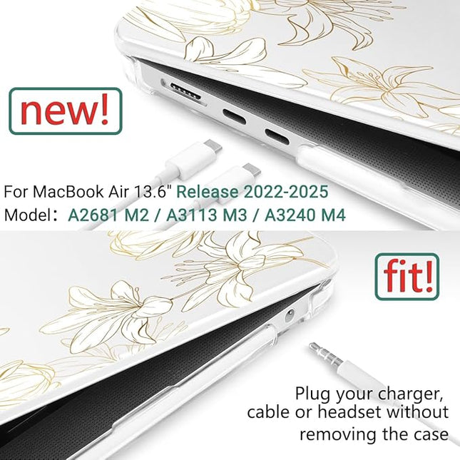 DONGKE for M4 MacBook Air 13.6 Inch Case 2025 2024 2023 2022 Model A3240 A3113 A2681 M3 M2 Chip, Plastic Hard Shell Case Cover with Touch ID for MacBook Air 13 Inch M4 - Golden Floral