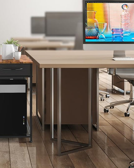 Computer Tower Stand PC Tower Stand with Storage Drawer 2 Tier Wood Rolling CPU Holder Stand Mobile Printer Cart on Wheels for Home Office, Industiral Brown and Black