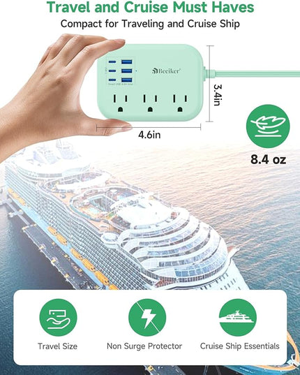 6 USB(3 USB C) Green Travel Power Strip- 5Ft Green Extension Cord with 6 USB Charging Station 24W and 3 Outlets, Cute Desk Accessories for Cruise Travel Kawaii Home Office Dorm Room